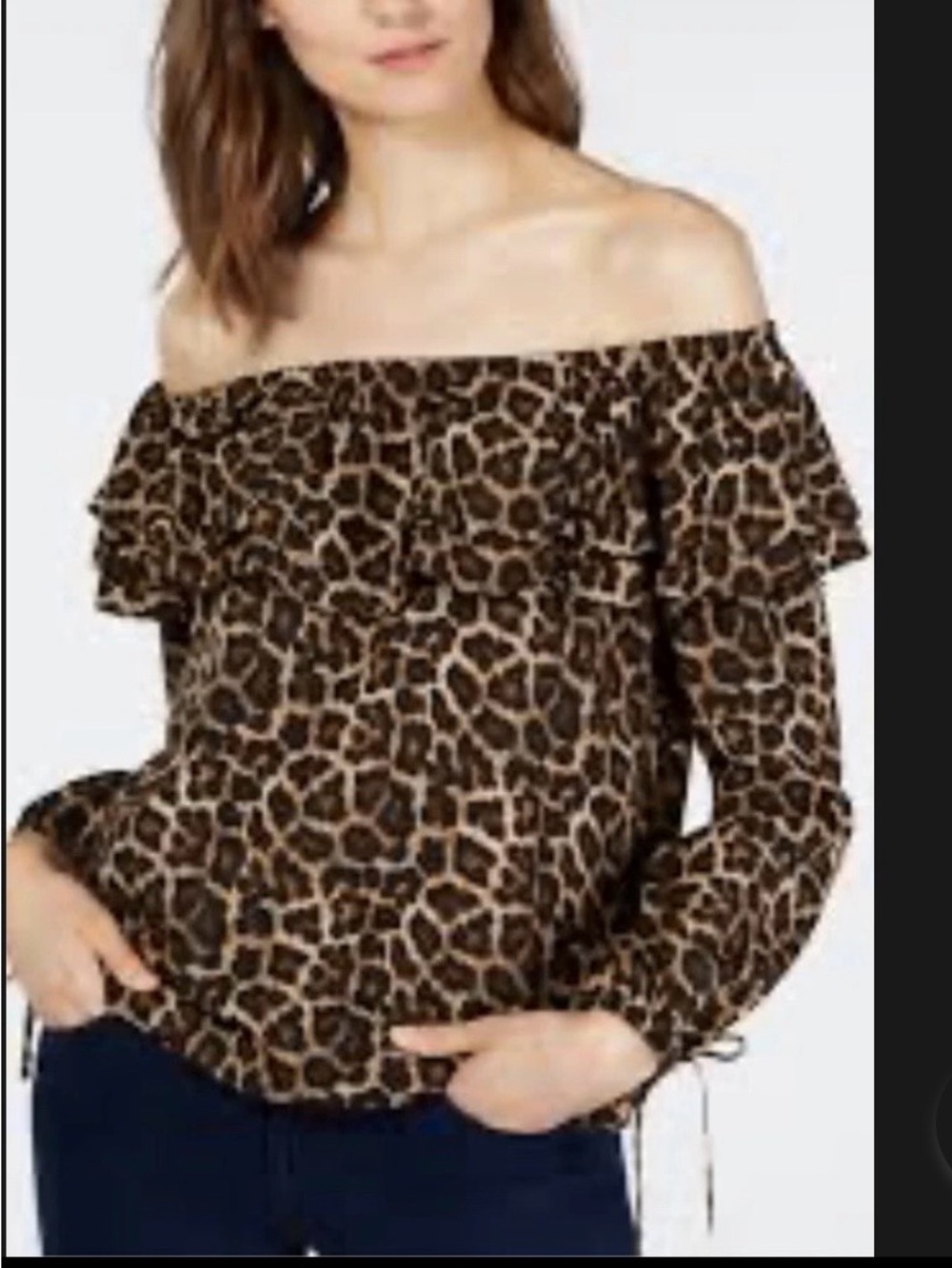 Michael Kors Leopard Off-Shoulder Ruffle Long-Sleeve Top - Brown size XS